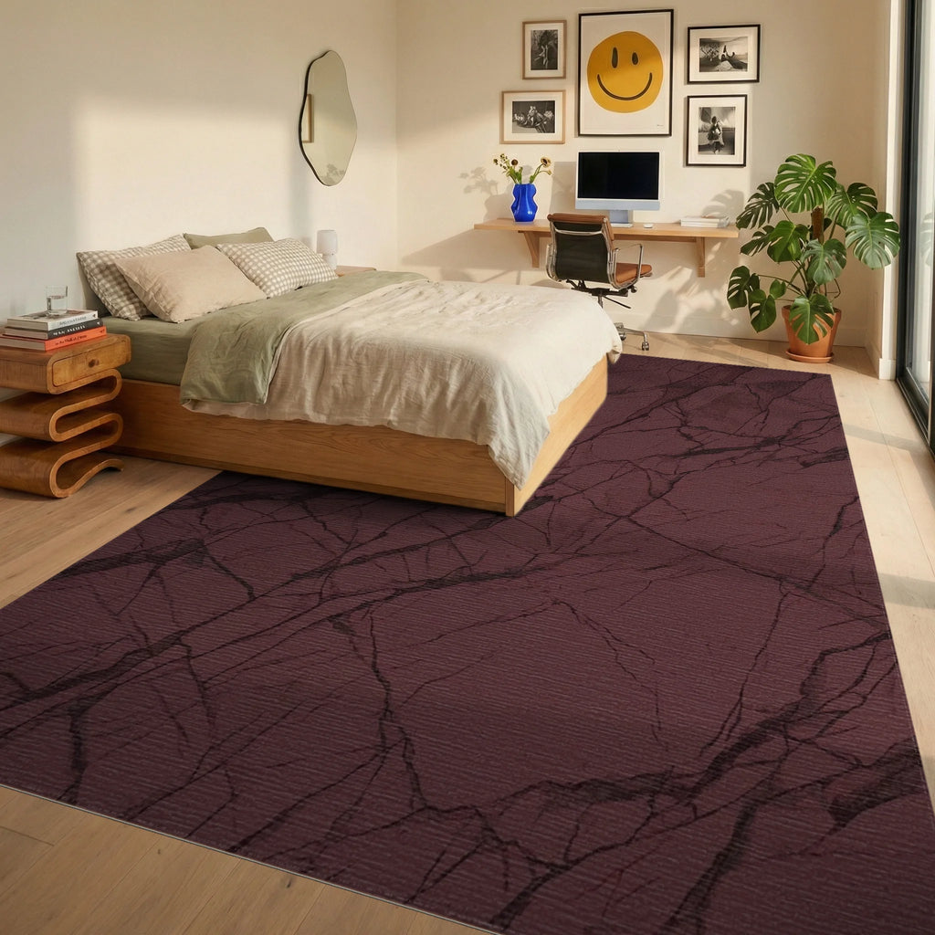 Deep Red Veined Stone Texture Rug Bedroom View