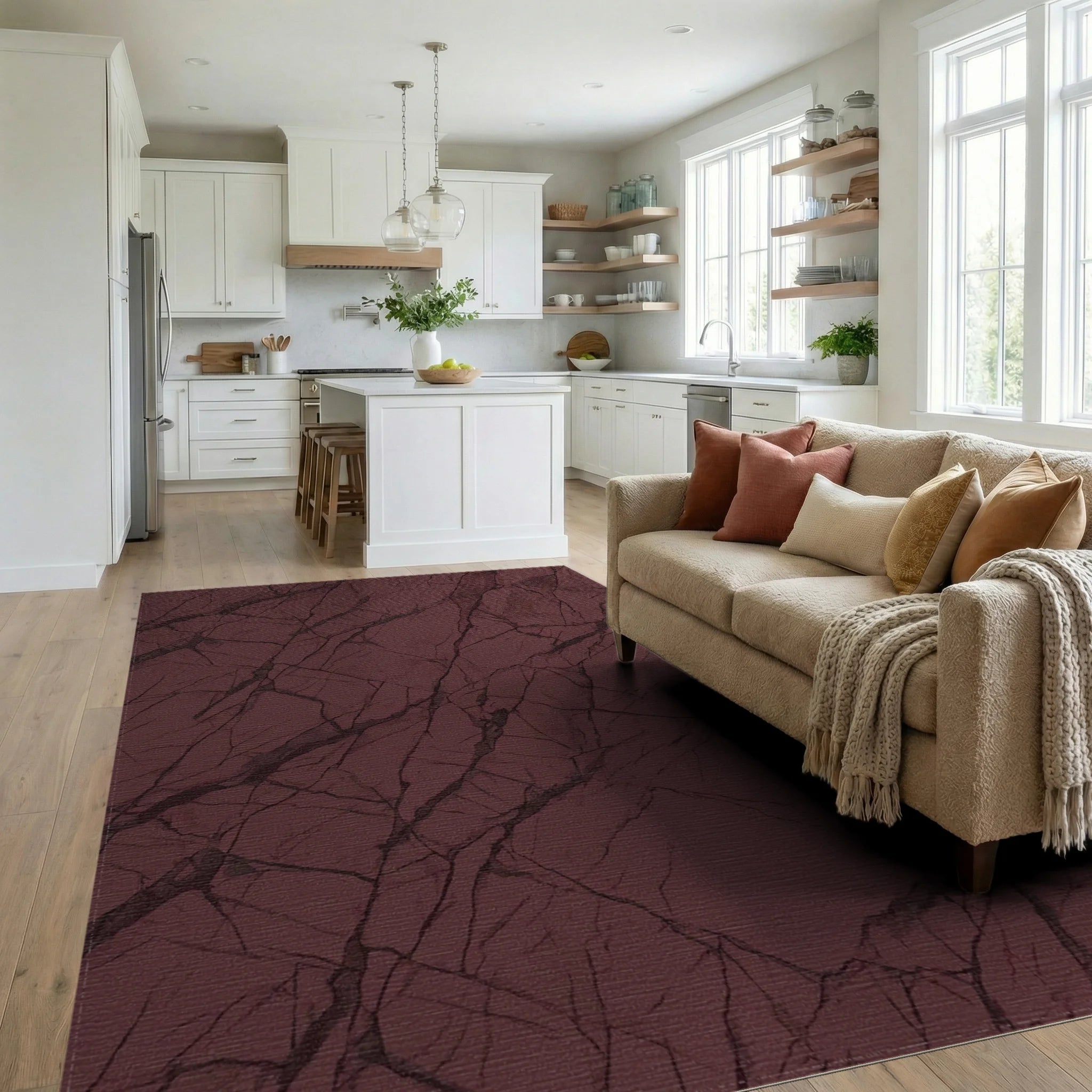 Deep Red Veined Stone Texture Rug Living Room View