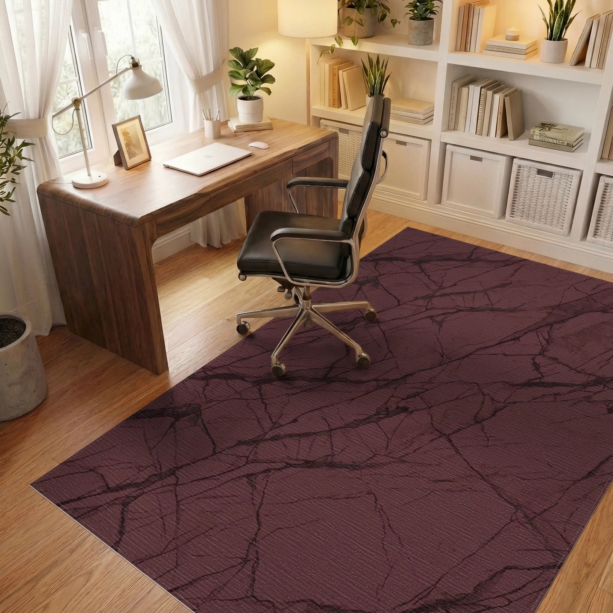 Deep Red Veined Stone Texture Rug Office View