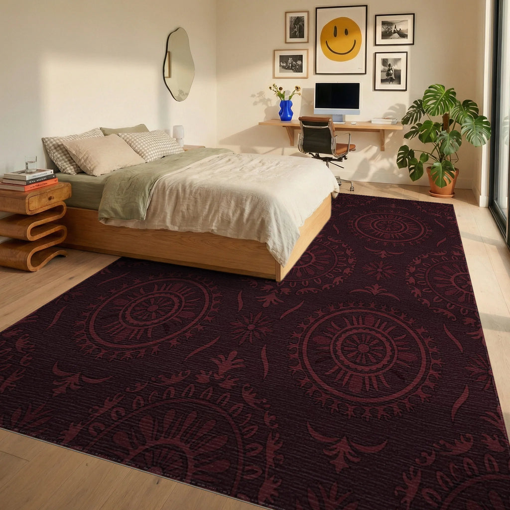 Deep Ruby Floral Medallion Radiance Rug Bedroom View