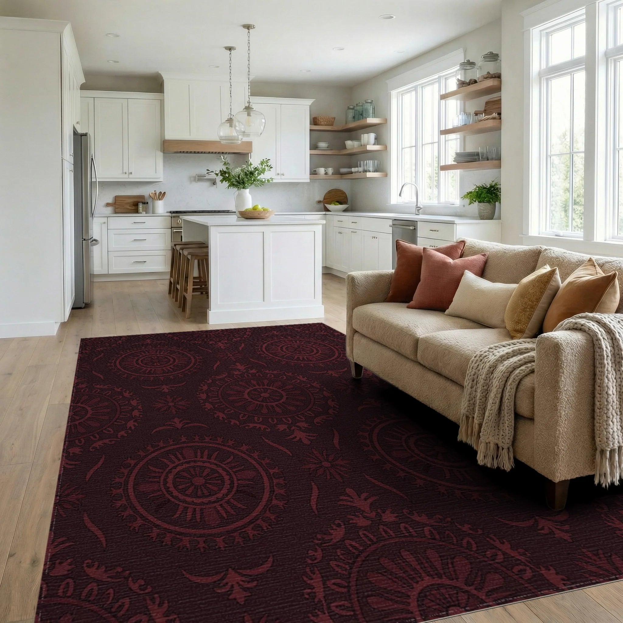 Deep Ruby Floral Medallion Radiance Rug Living Room View