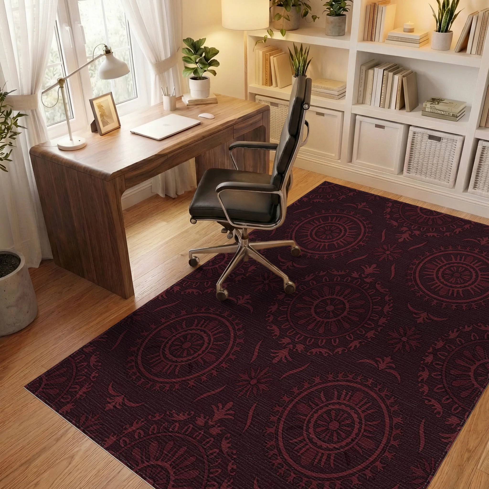 Deep Ruby Floral Medallion Radiance Rug Office View