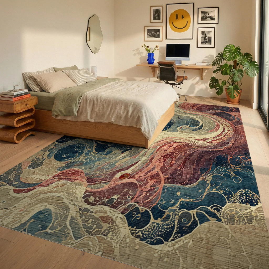 Deep Sea Crimson Kraken Swirl Rug Bedroom View