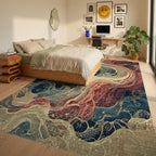 Deep Sea Crimson Kraken Swirl Rug Bedroom View