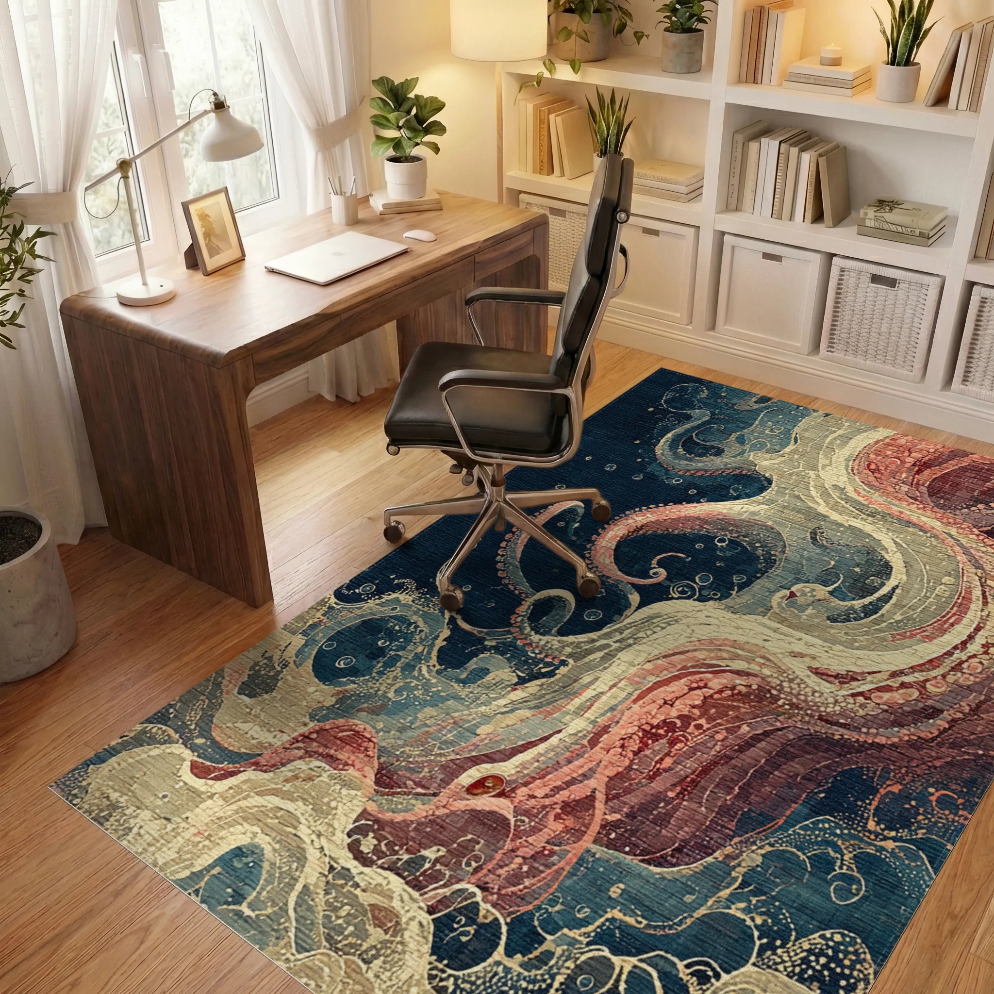 Deep Sea Crimson Kraken Swirl Rug Office View