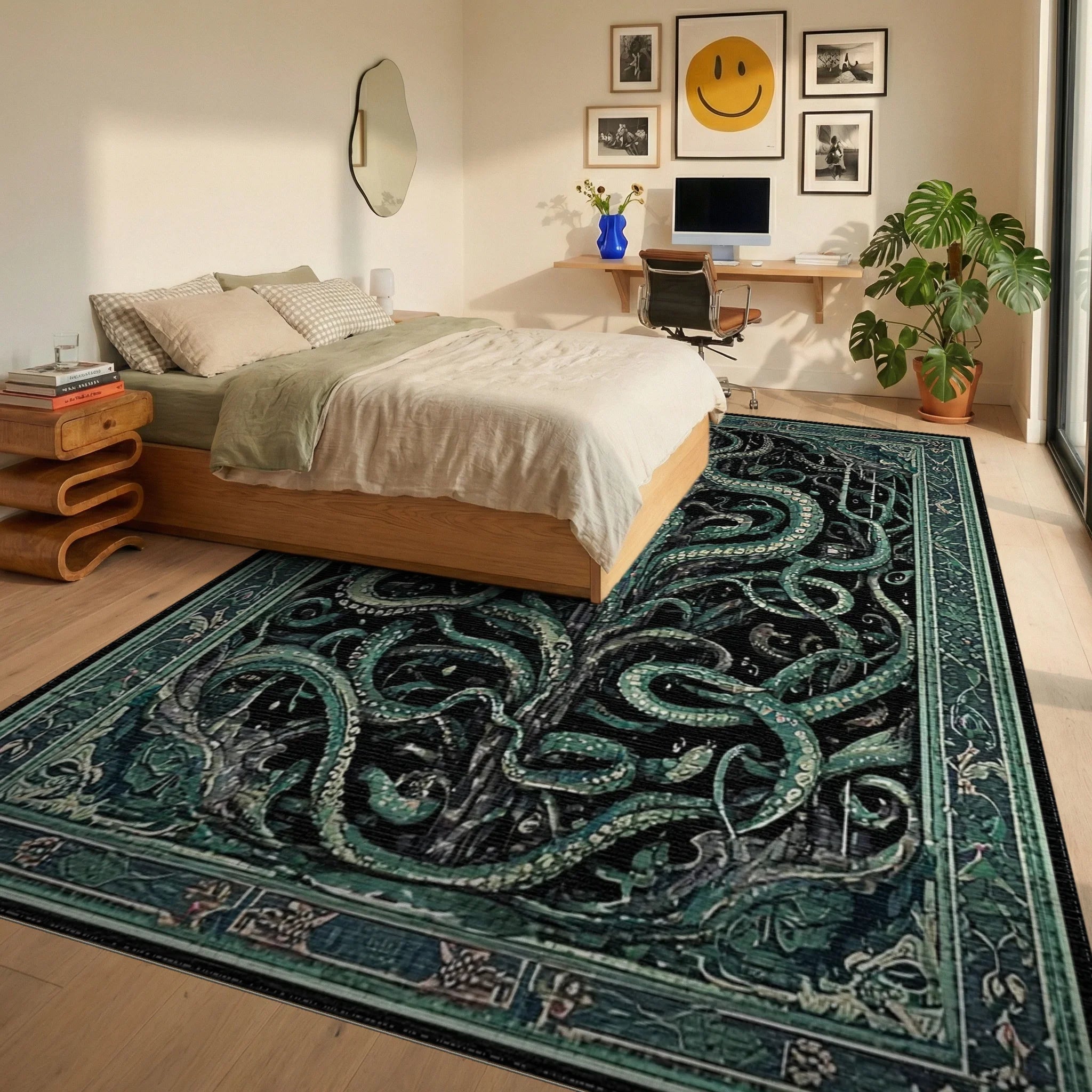 Deep Sea Kraken Tentacle Motif Rug - Bedroom View