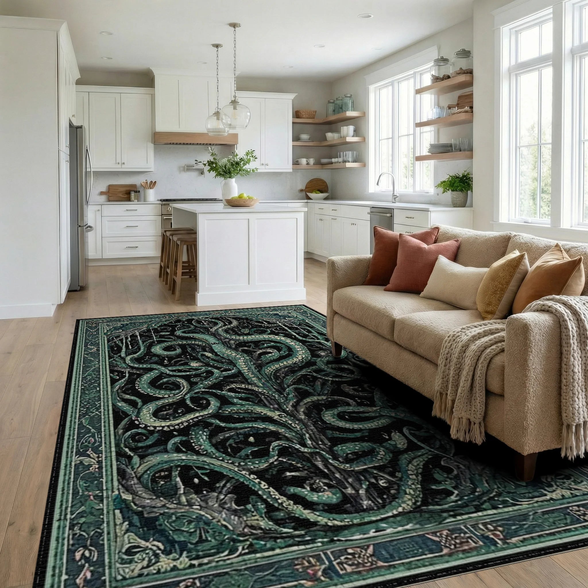 Deep Sea Kraken Tentacle Motif Rug - Living Room View