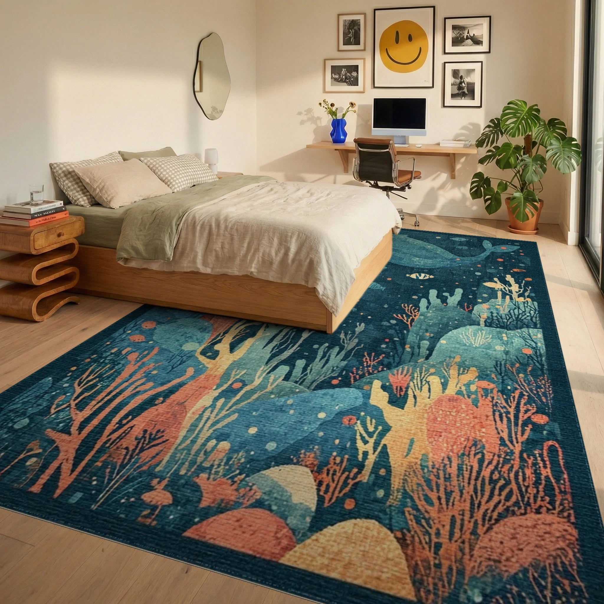 Deep Sea Whale Coral Reef Rug - Bedroom View