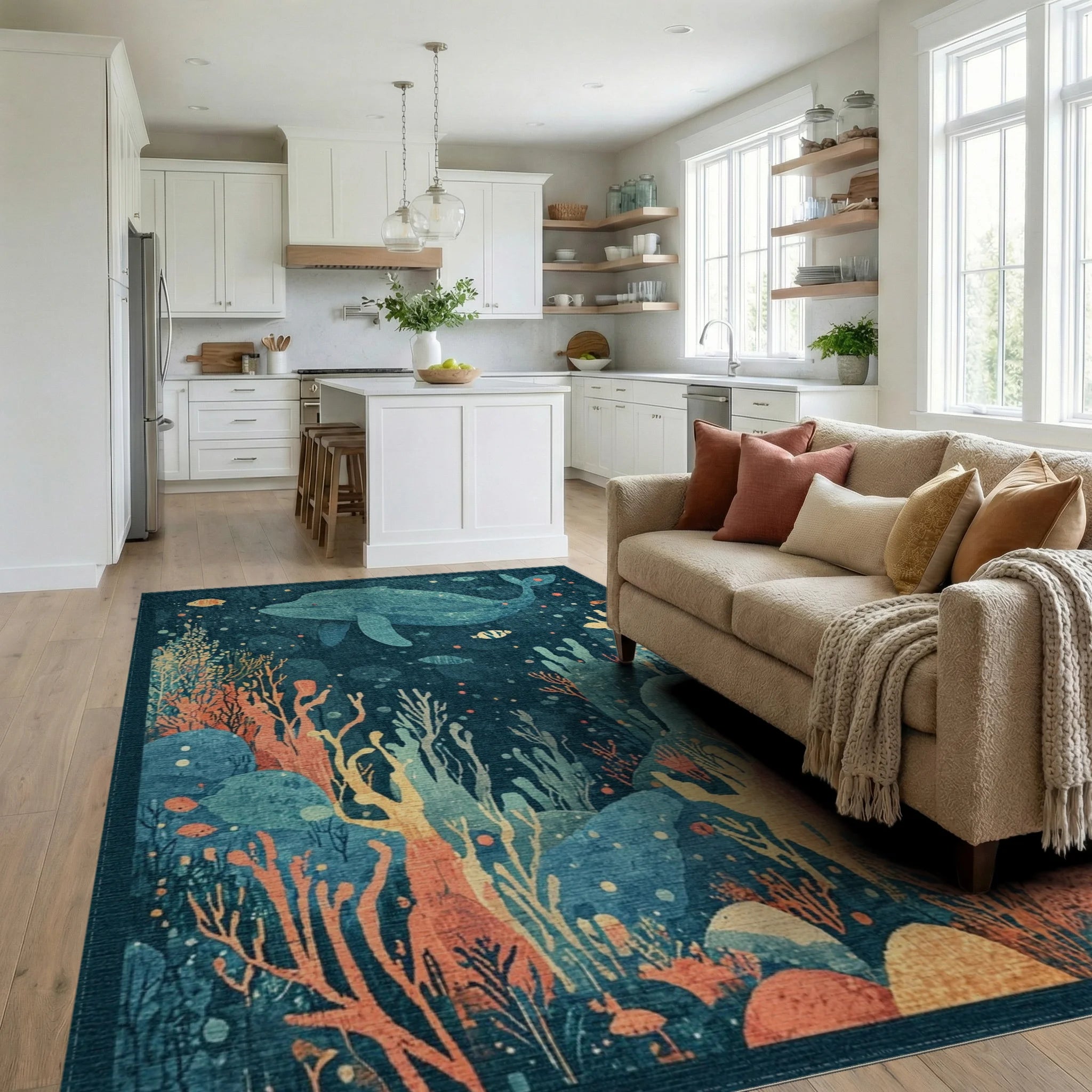 Deep Sea Whale Coral Reef Rug - Living Room View