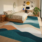 Deep Teal Abstract Landscape Waves Rug Bedroom View