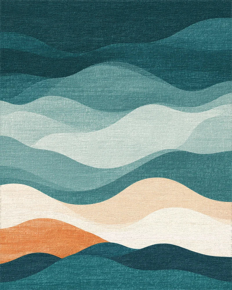 Deep Teal Abstract Landscape Waves Rug - Cutout View