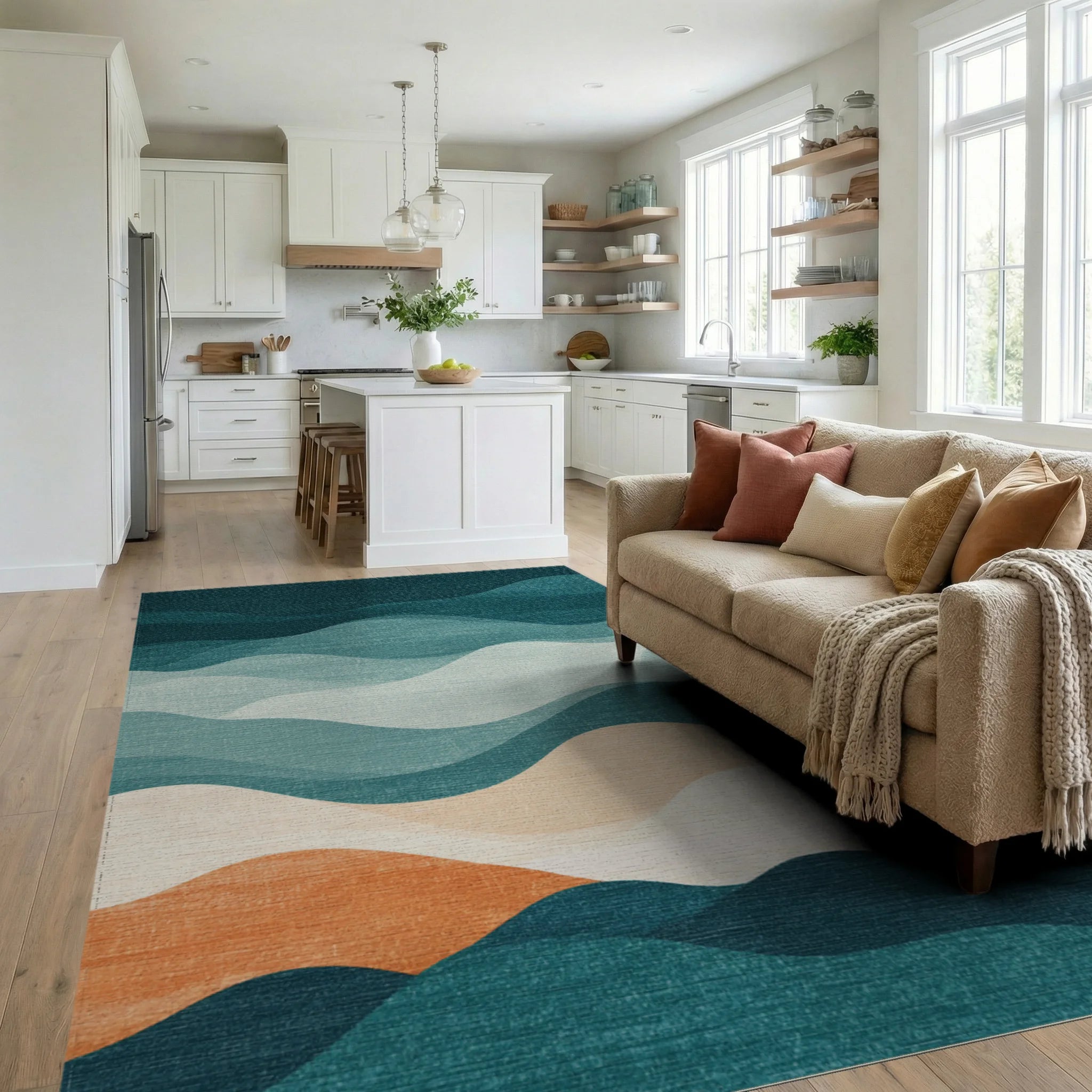 Deep Teal Abstract Landscape Waves Rug Living Room View