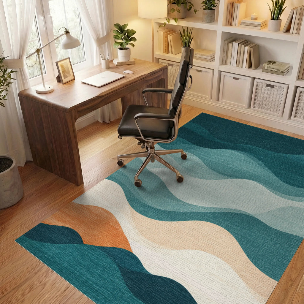 Deep Teal Abstract Landscape Waves Rug Office View