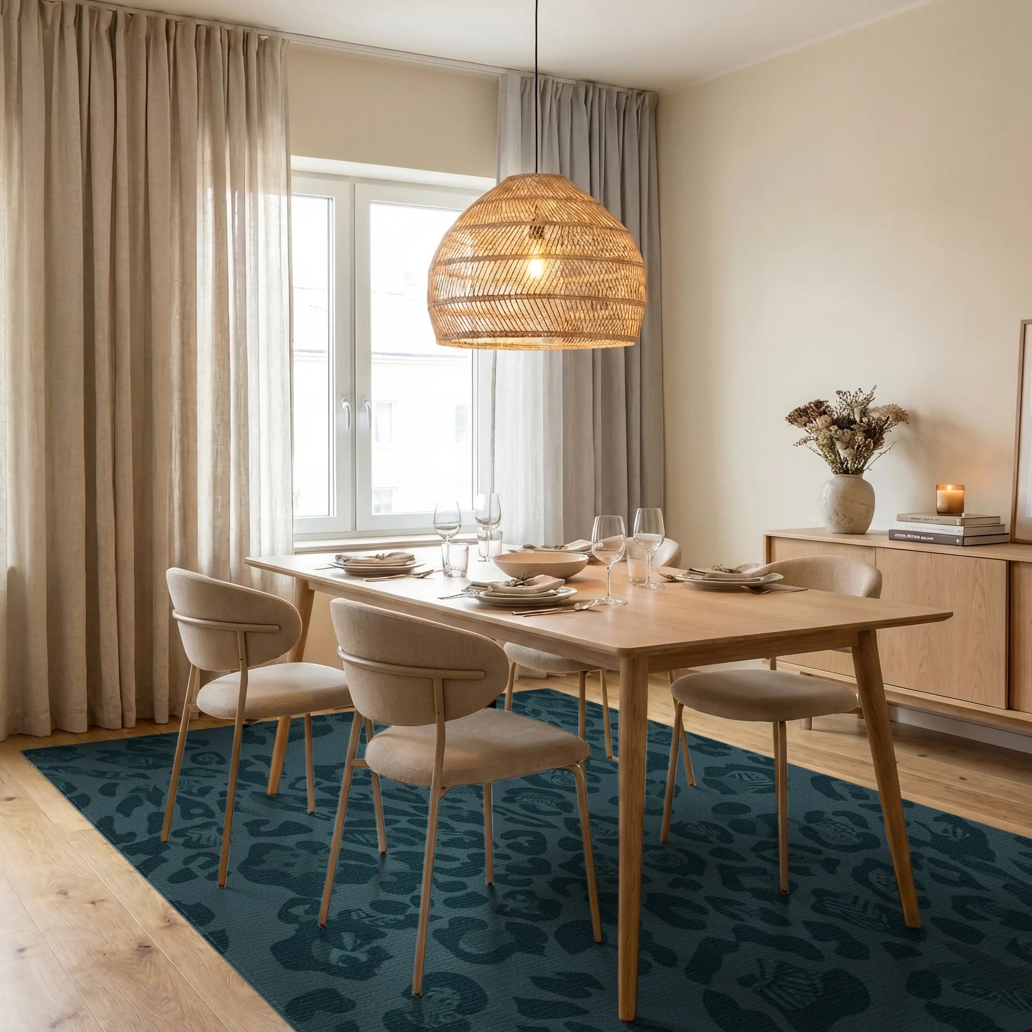 Deep Teal Abstract Leopard Spots Rug Dining Room View