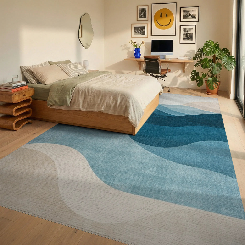 Deep Teal Blue Ocean Waves Rug - Bedroom View