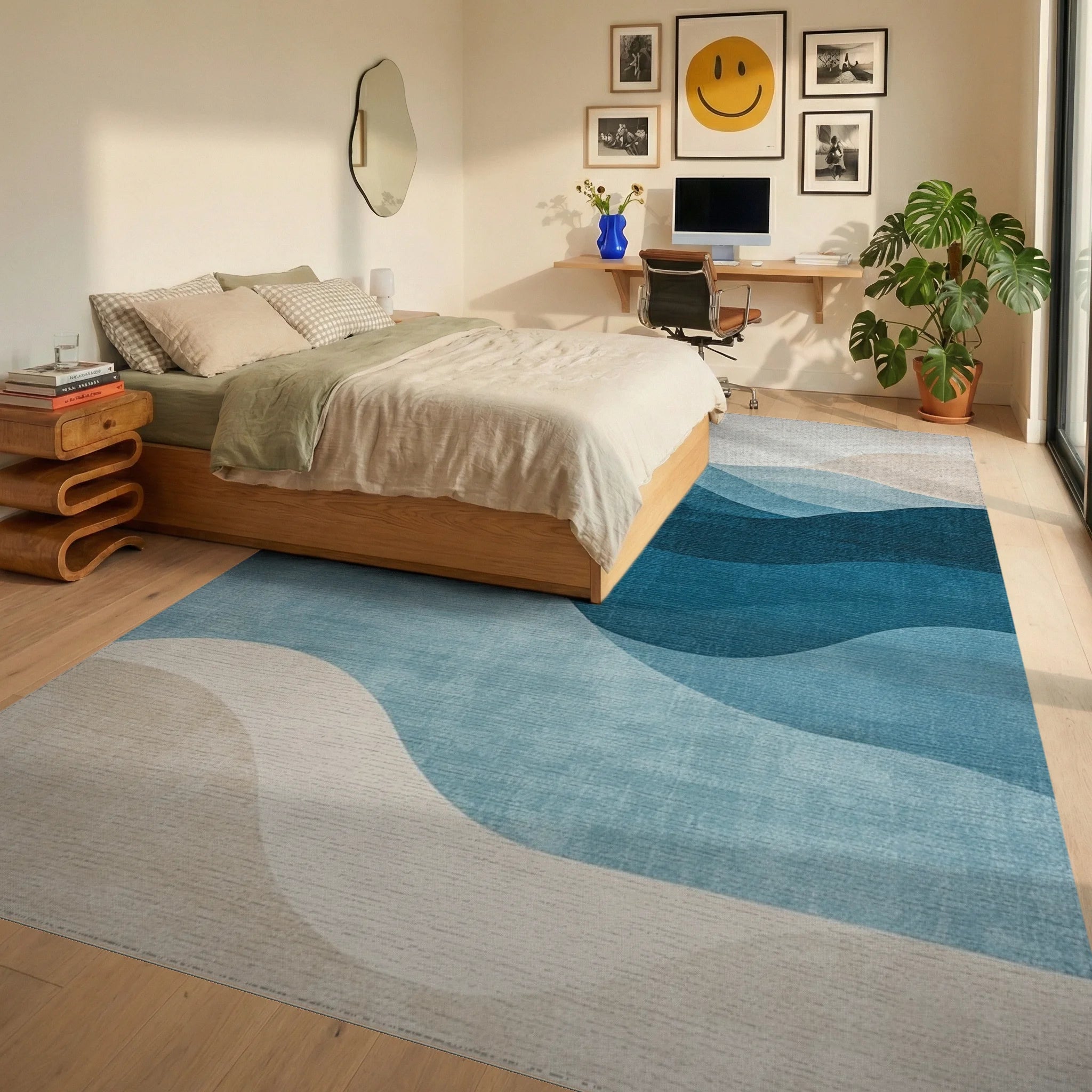 Deep Teal Blue Ocean Waves Rug - Bedroom View