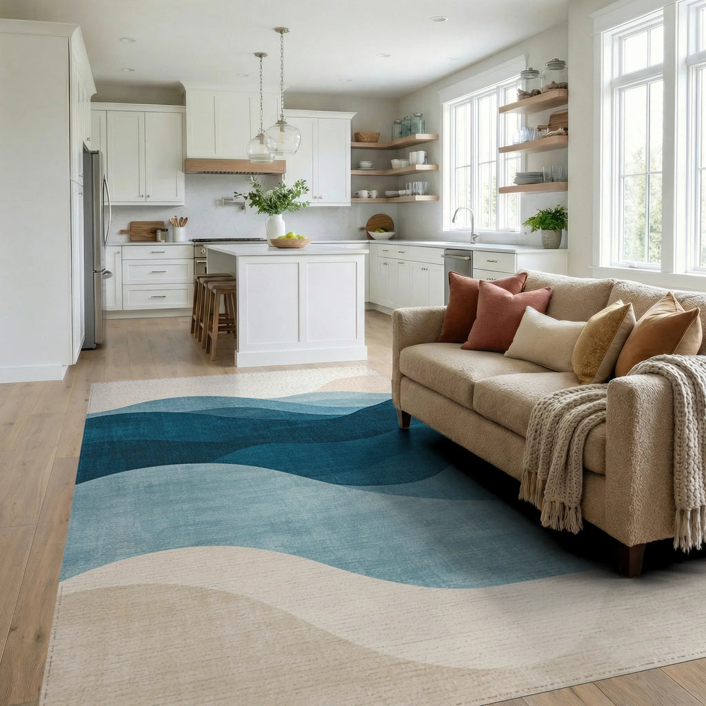Deep Teal Blue Ocean Waves Rug - Living Room View