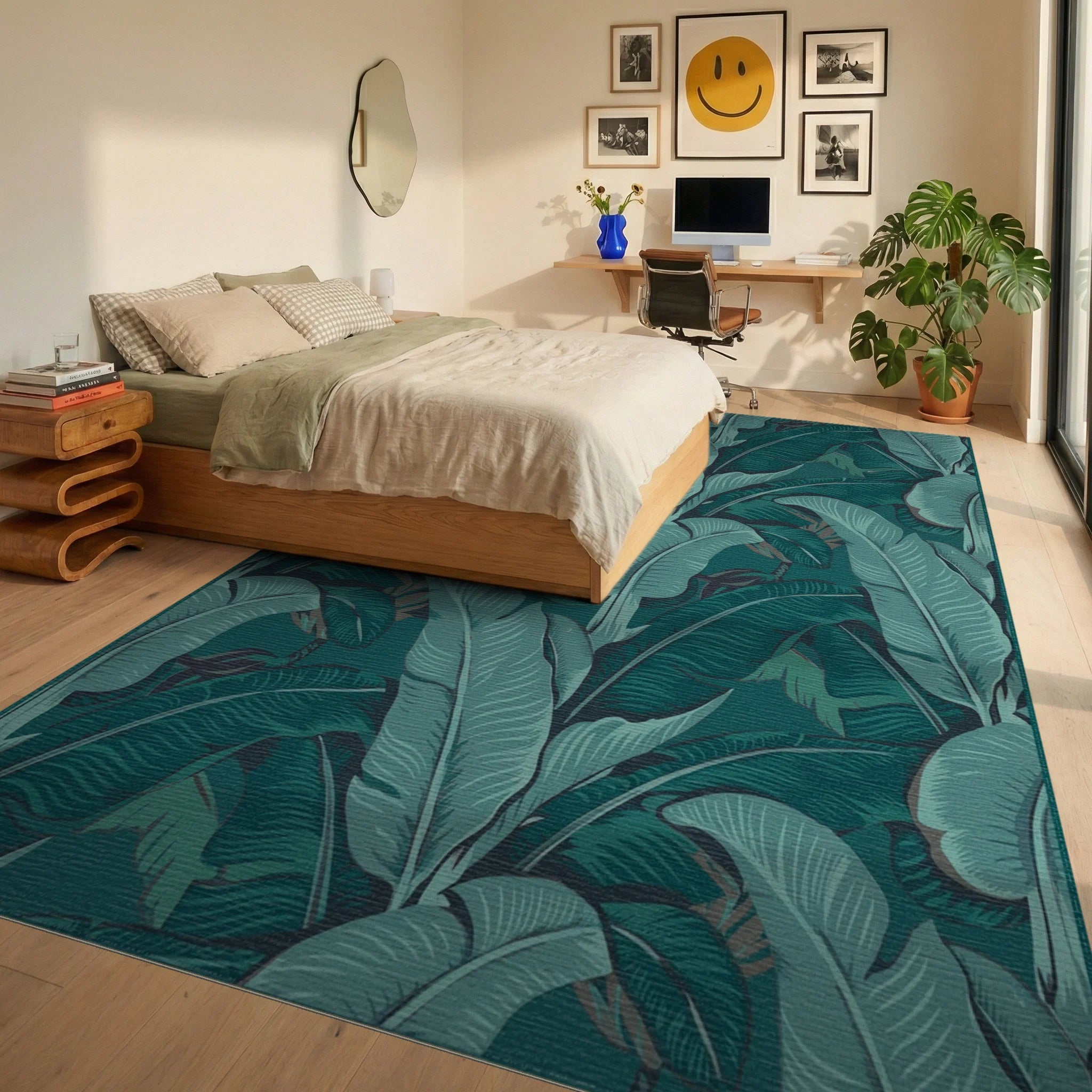 Deep Teal Botanical Banana Leaf Rug Bedroom View