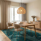Deep Teal Botanical Banana Leaf Rug Dining Room View