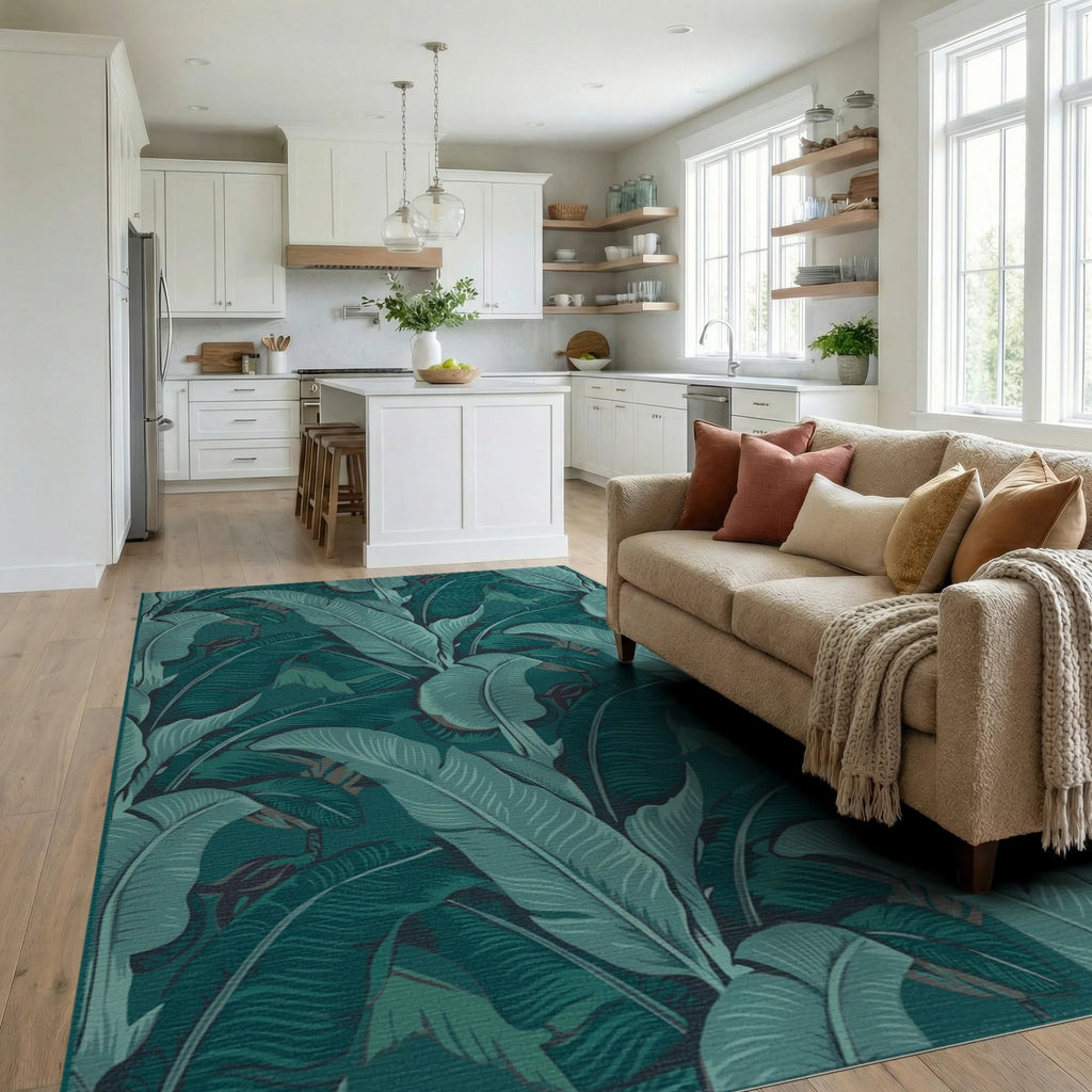 Deep Teal Botanical Banana Leaf Rug Living Room View