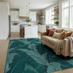 Deep Teal Botanical Banana Leaf Rug Living Room View