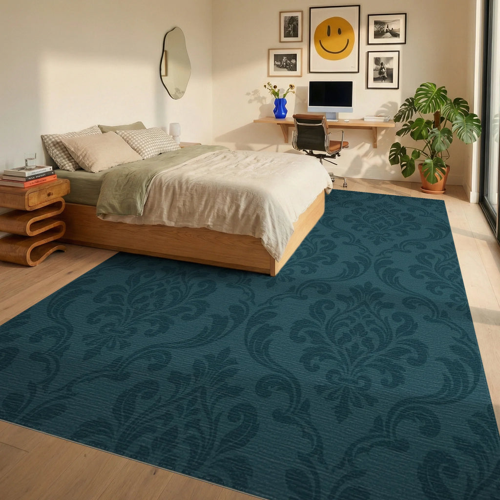 Deep Teal Damask Scroll Rug Bedroom View
