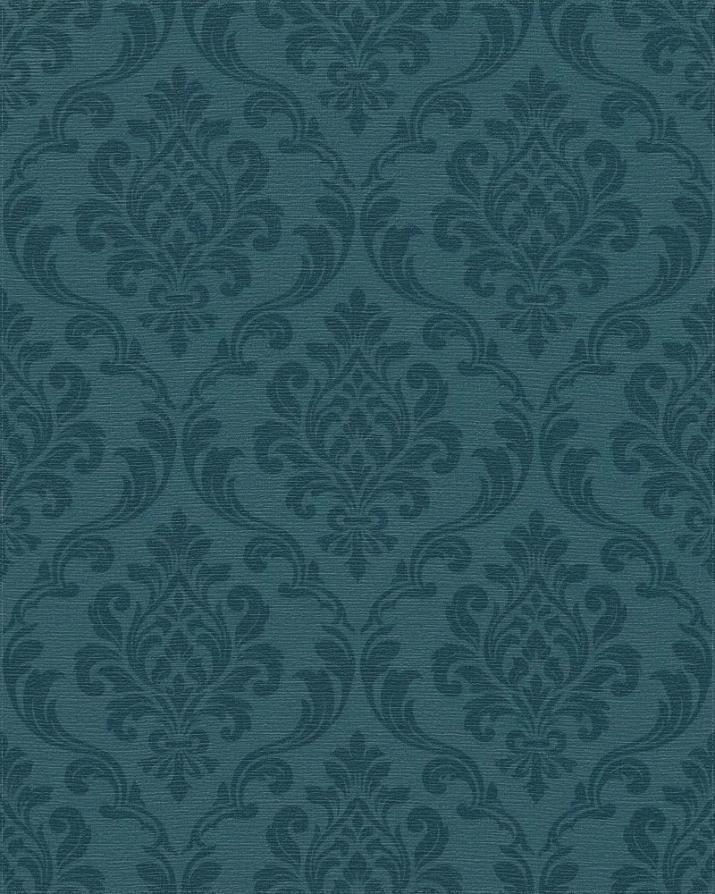 Deep Teal Damask Scroll Rug - Cutout View