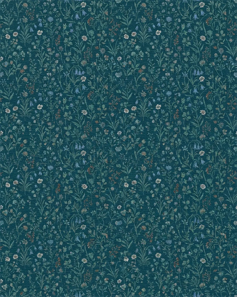 Deep Teal Floral Meadow Rug - Cutout View