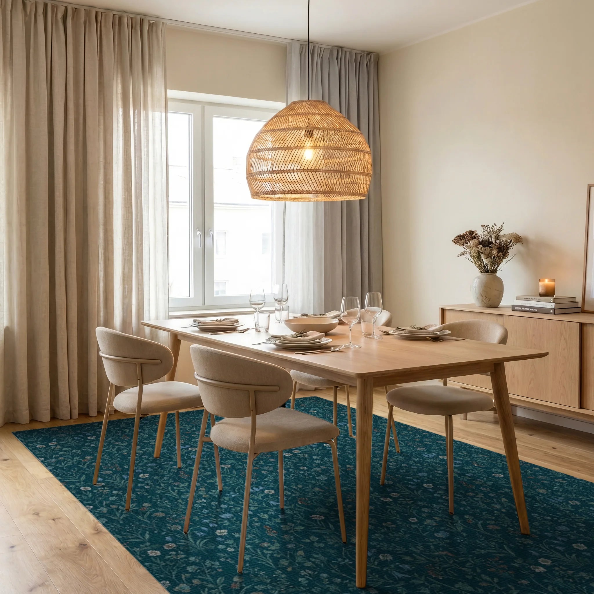 Deep Teal Floral Meadow Rug Dining Room View