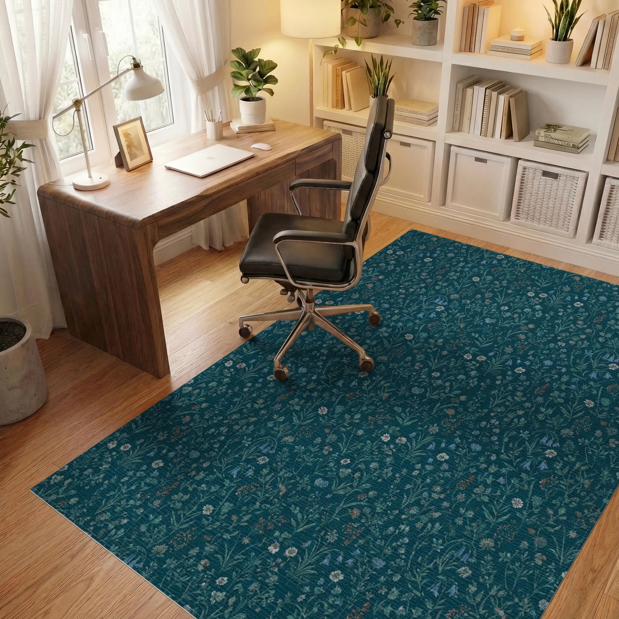 Deep Teal Floral Meadow Rug Office View