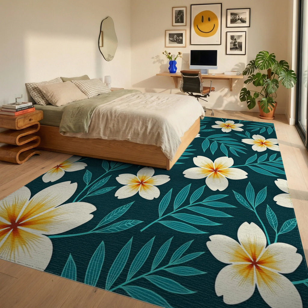 Deep Teal Floral Nature Pattern Rug Bedroom View