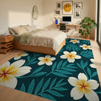 Deep Teal Floral Nature Pattern Rug Bedroom View
