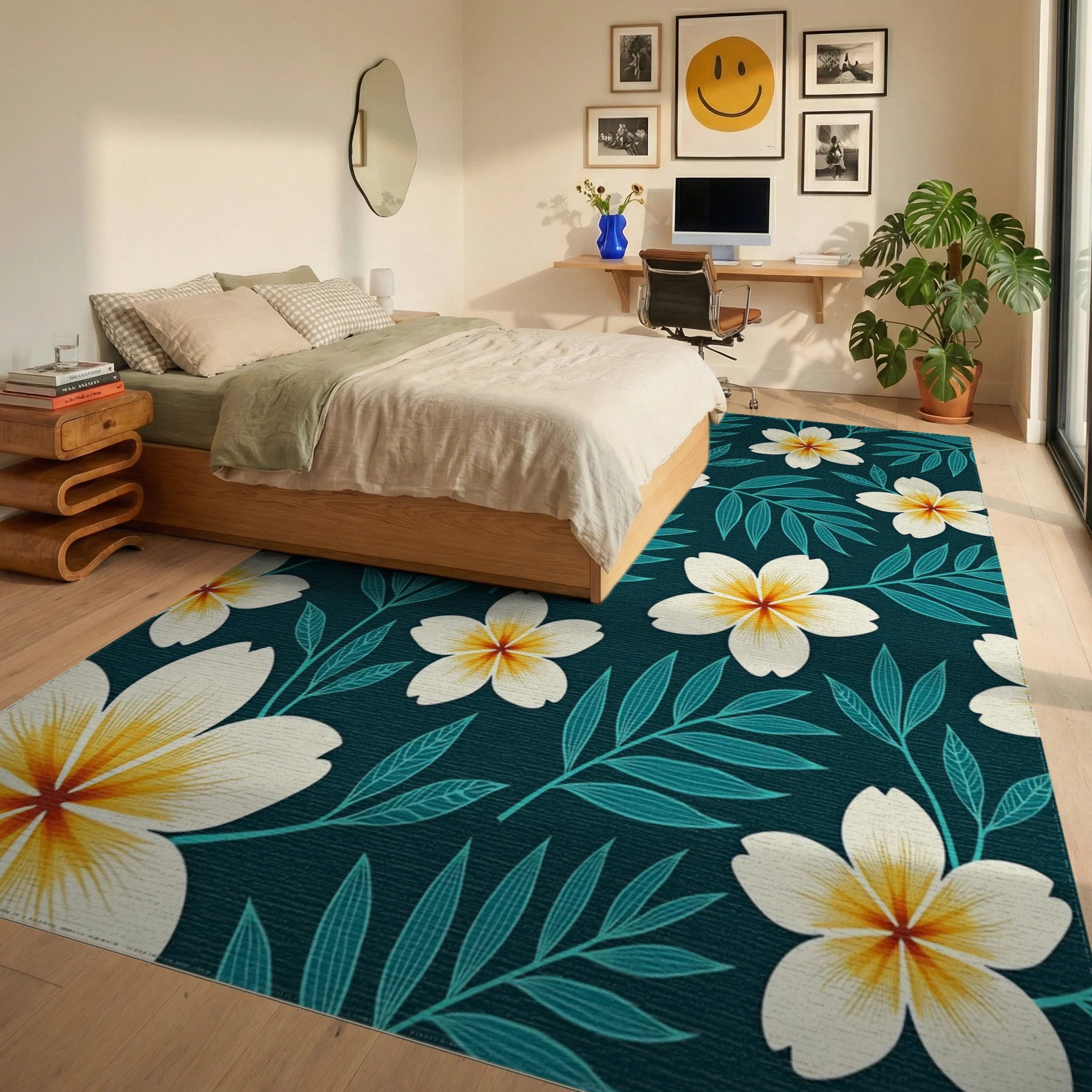 Deep Teal Floral Nature Pattern Rug Bedroom View