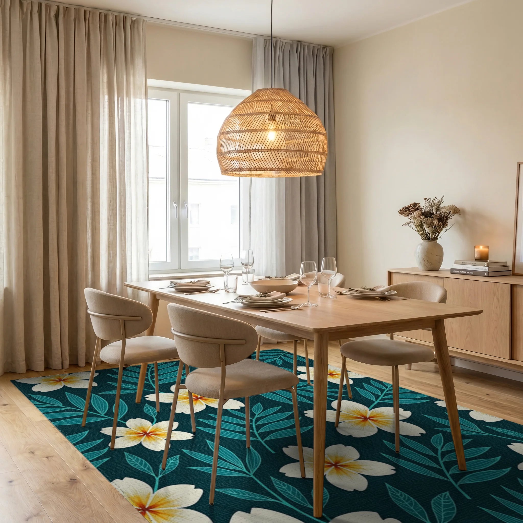 Deep Teal Floral Nature Pattern Rug Dining Room View