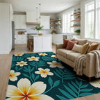Deep Teal Floral Nature Pattern Rug Living Room View