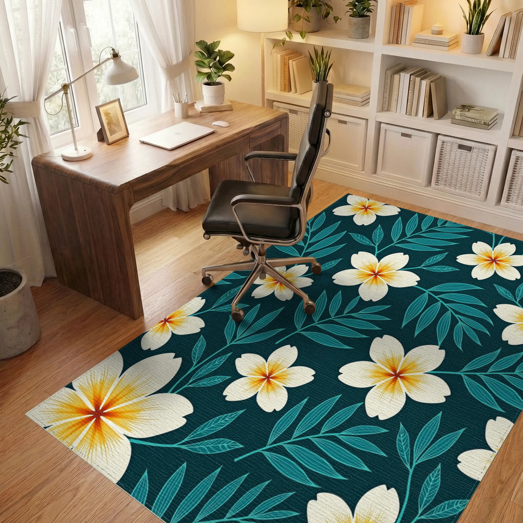 Deep Teal Floral Nature Pattern Rug Office View