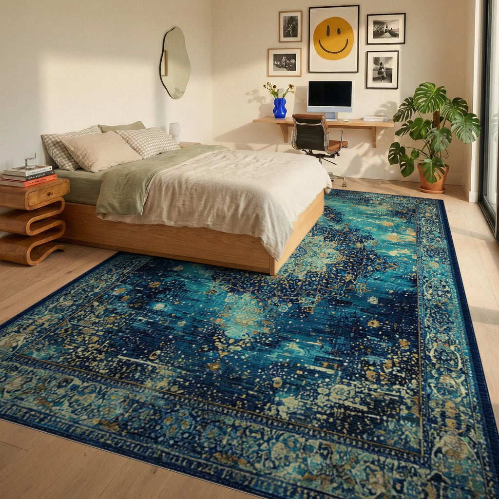 Deep Teal Golden Medallion Distressed Rug Bedroom View