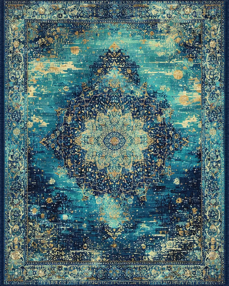 Deep Teal Golden Medallion Distressed Rug - Cutout View