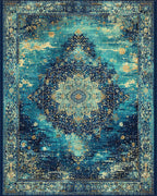 Deep Teal Golden Medallion Distressed Rug - Cutout View