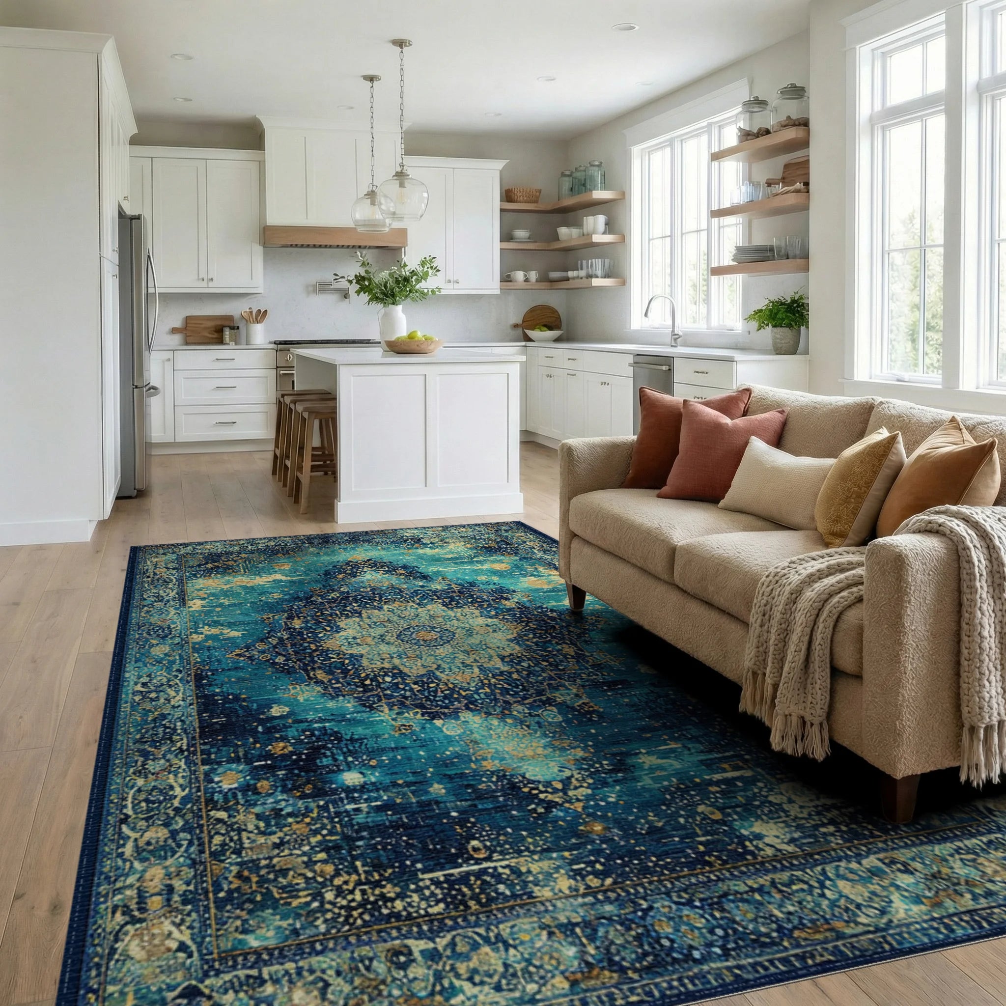 Deep Teal Golden Medallion Distressed Rug Living Room View