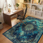 Deep Teal Golden Medallion Distressed Rug Office View