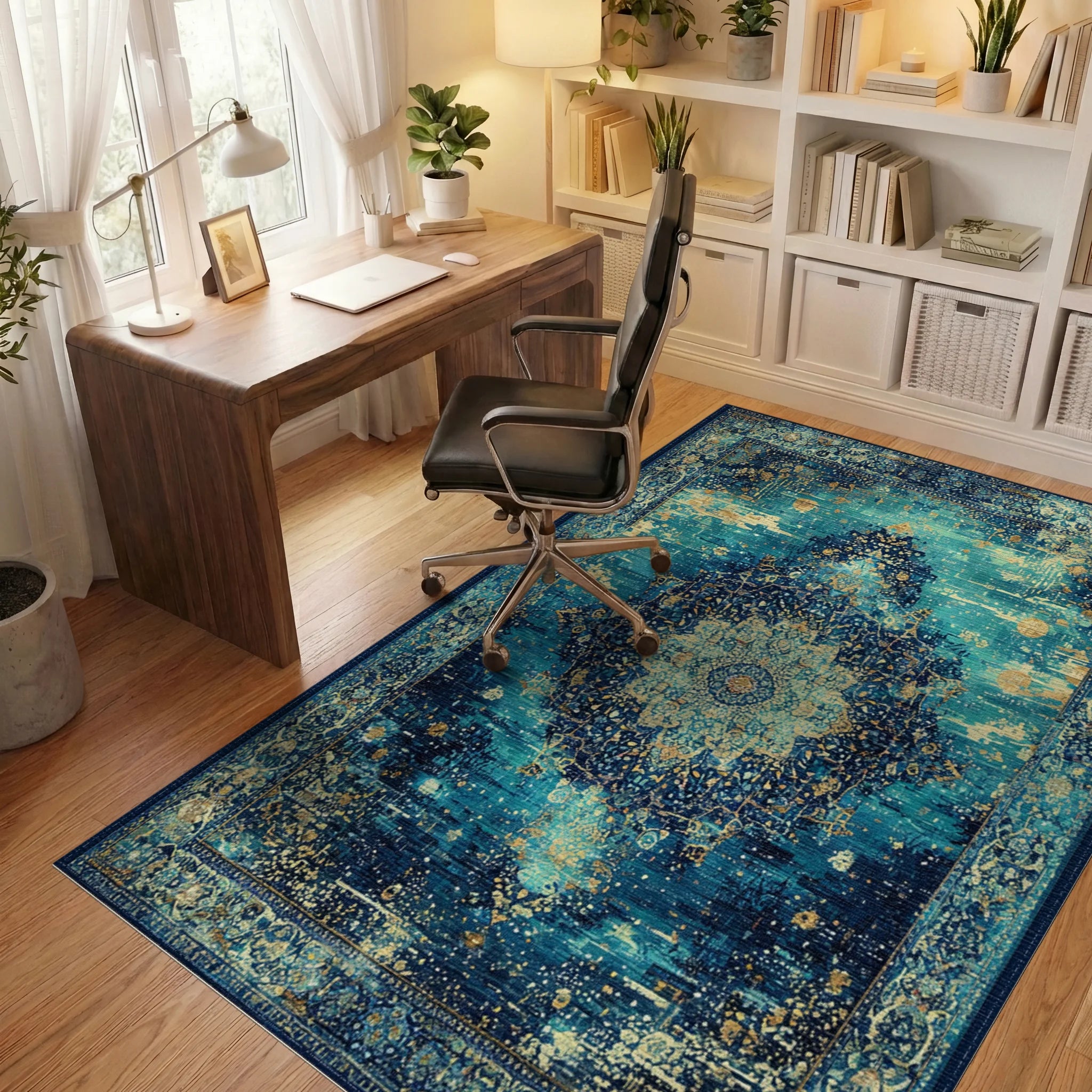 Deep Teal Golden Medallion Distressed Rug Office View