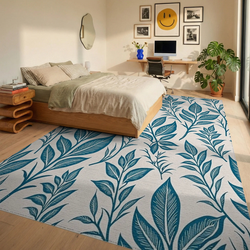 Deep Teal Leafy Branches Rug Bedroom View