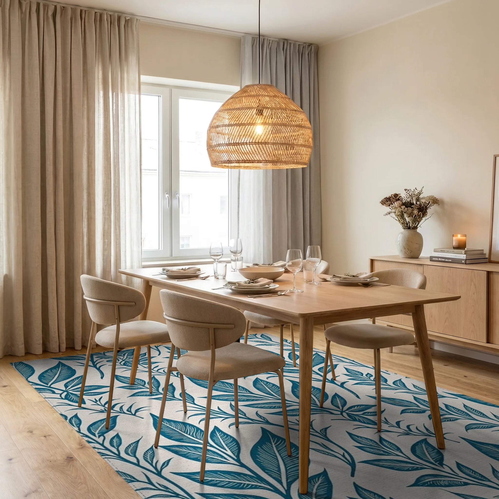 Deep Teal Leafy Branches Rug Dining Room View