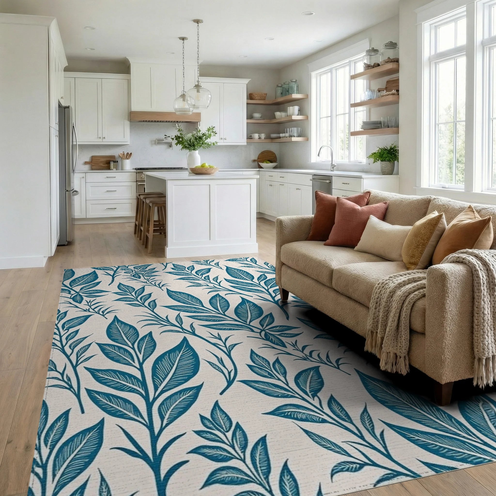Deep Teal Leafy Branches Rug Living Room View