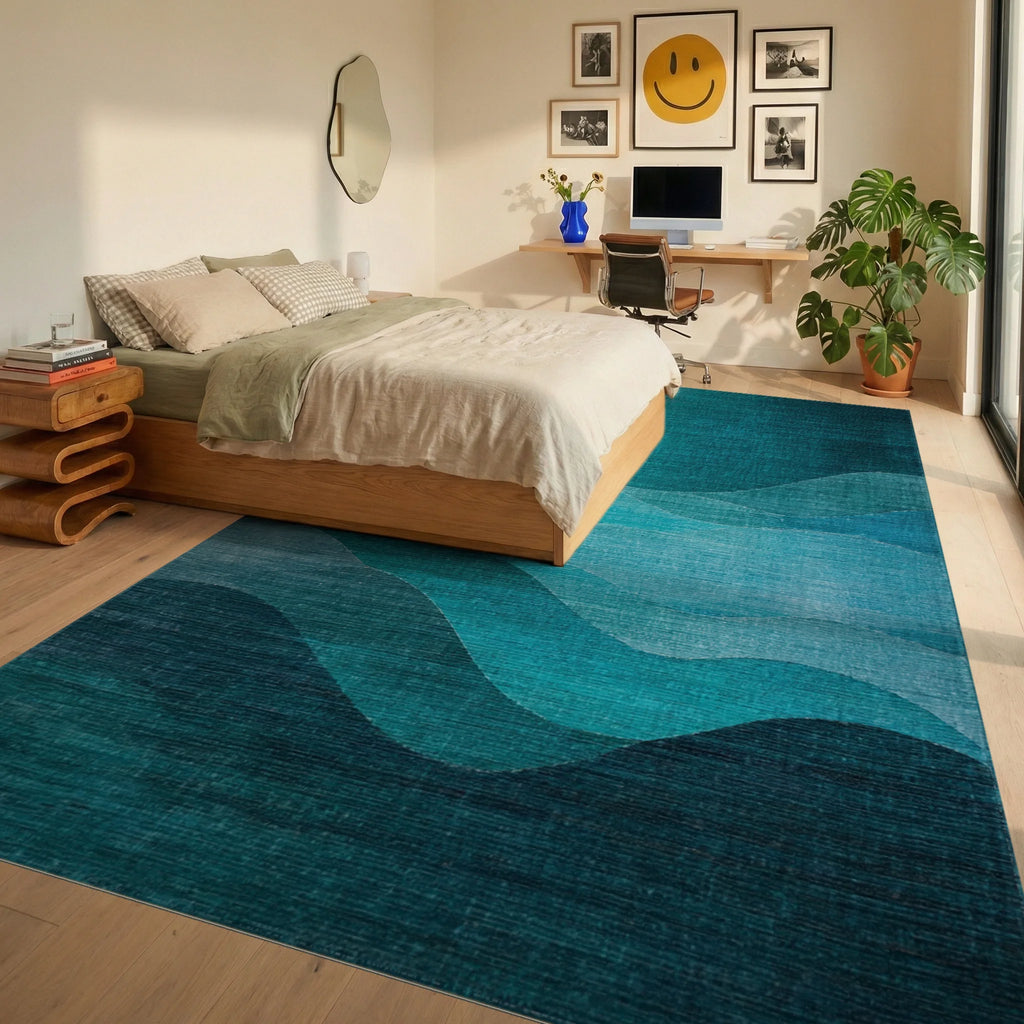 Deep Teal Ocean Wave Horizon Rug Bedroom View
