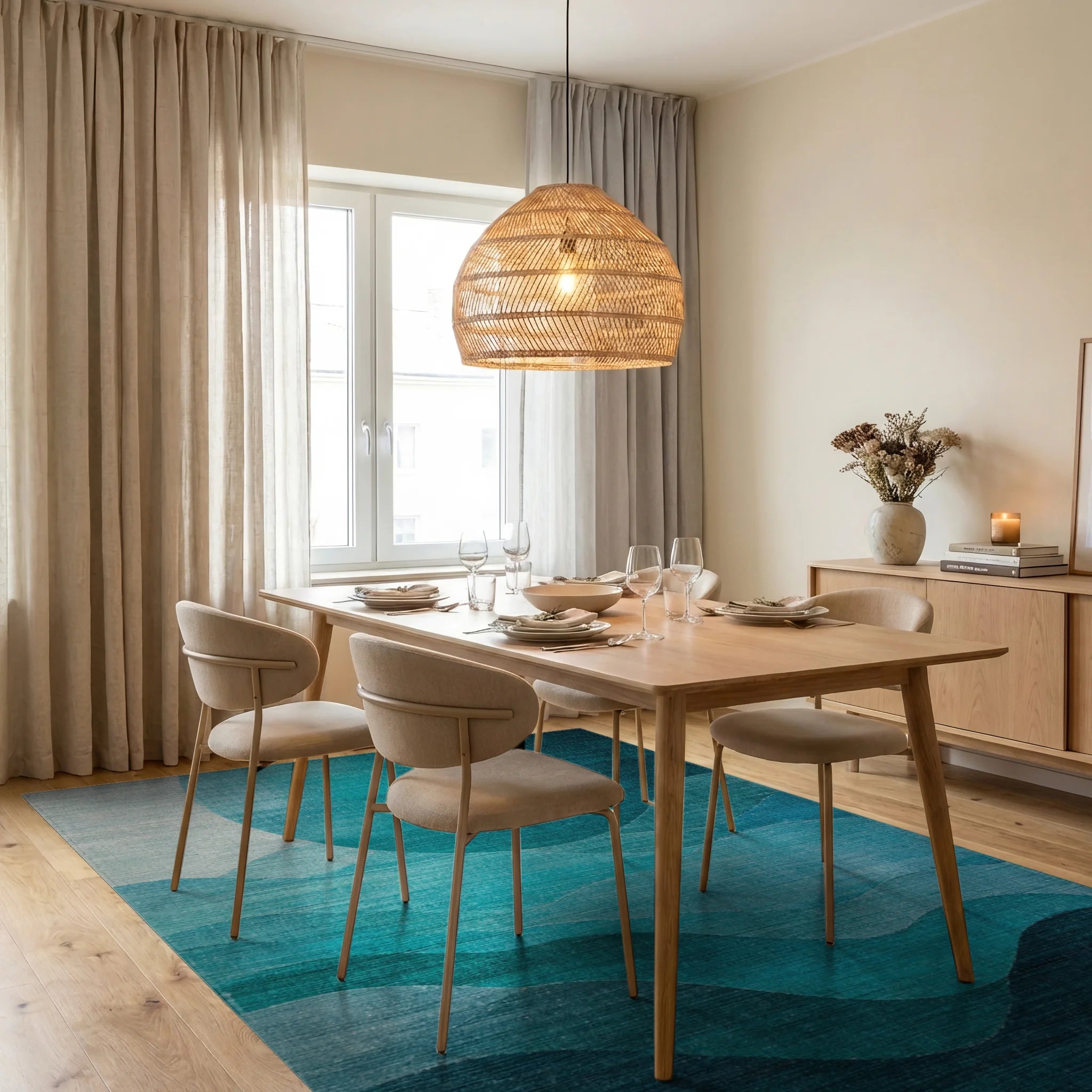 Deep Teal Ocean Wave Horizon Rug Dining Room View