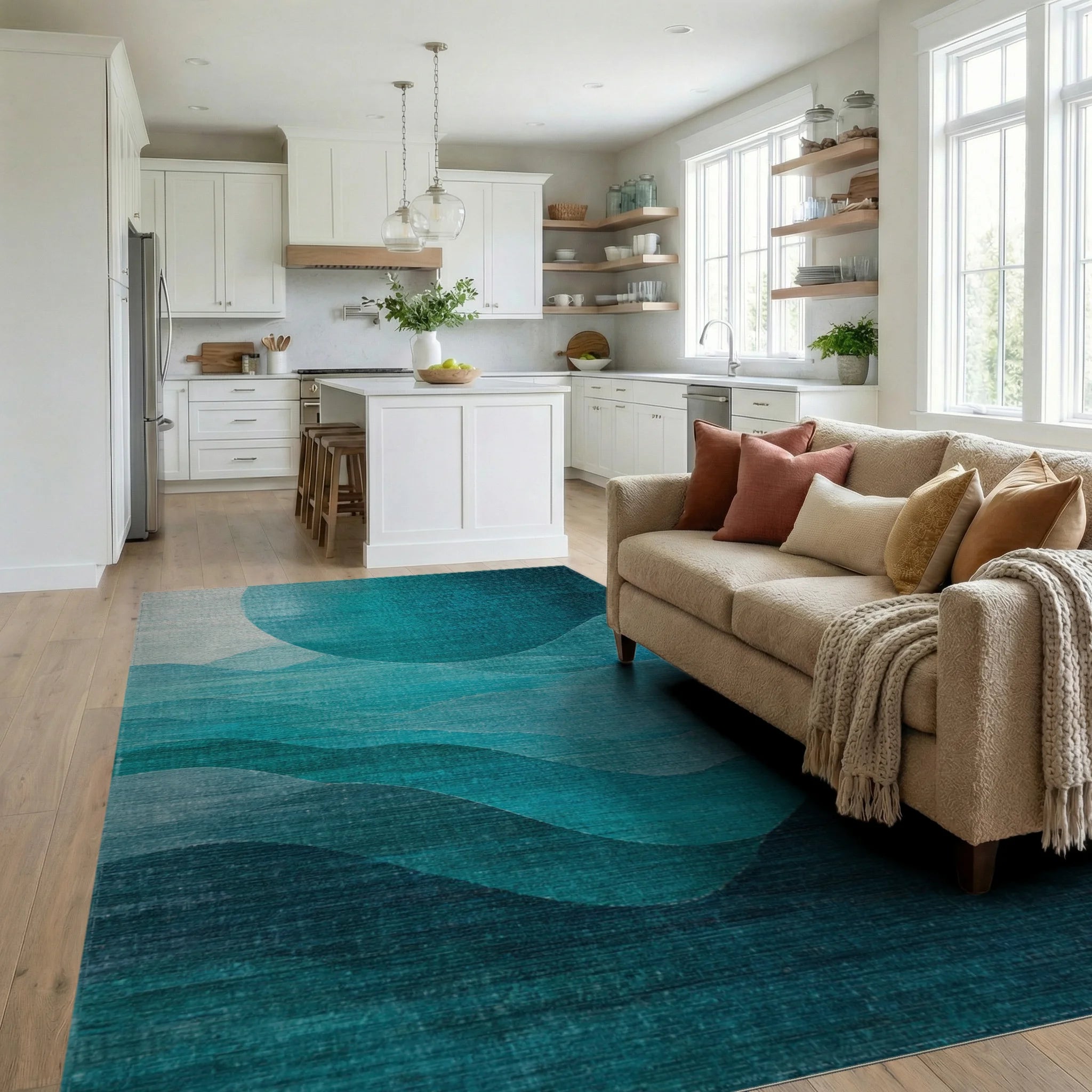 Deep Teal Ocean Wave Horizon Rug Living Room View