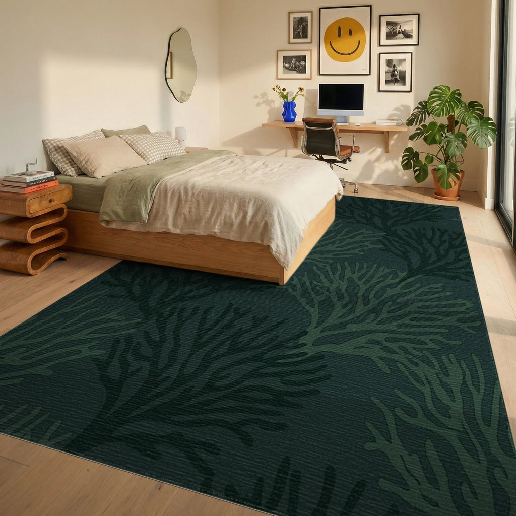 Deep Teal Organic Branch Cascade Rug Bedroom View