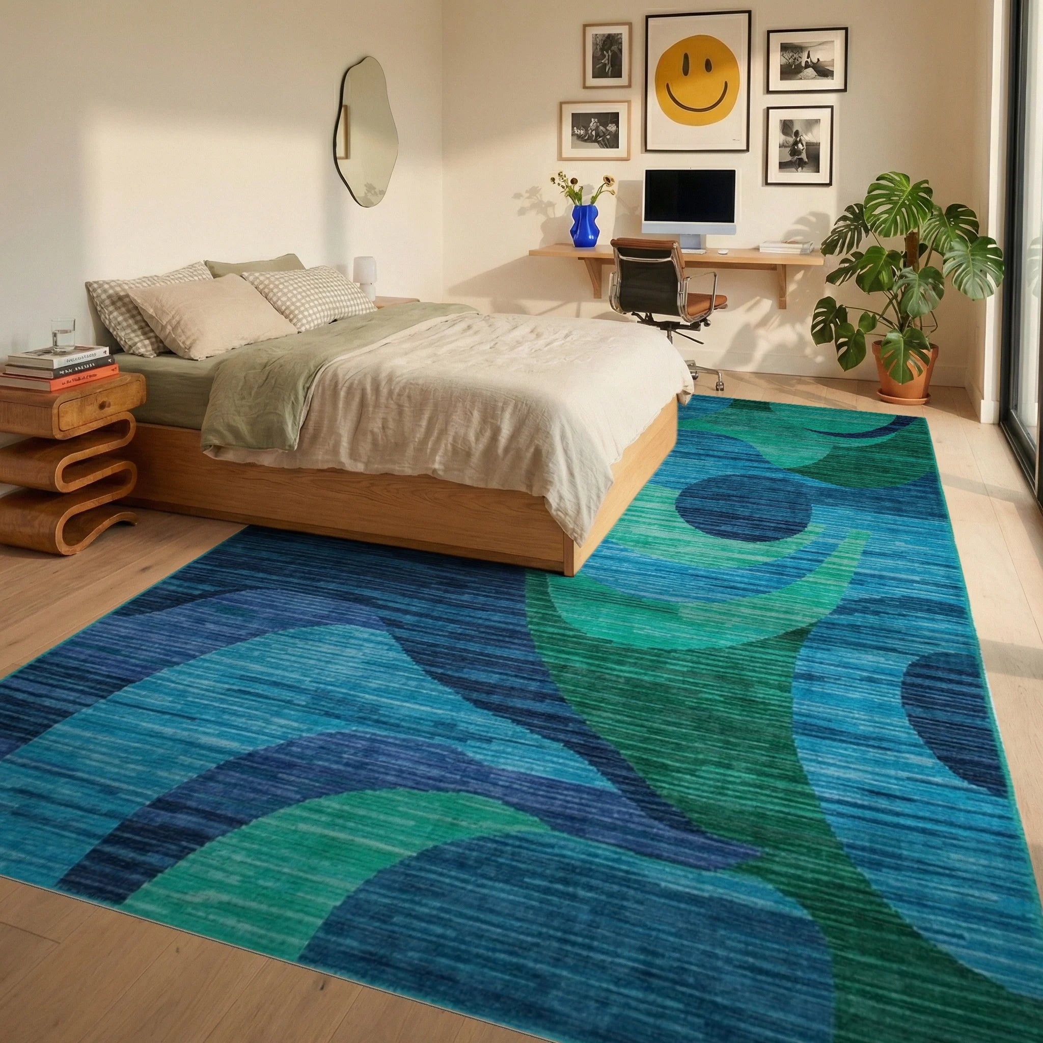 Deep Teal Swirling Ocean Waves Rug - Bedroom View